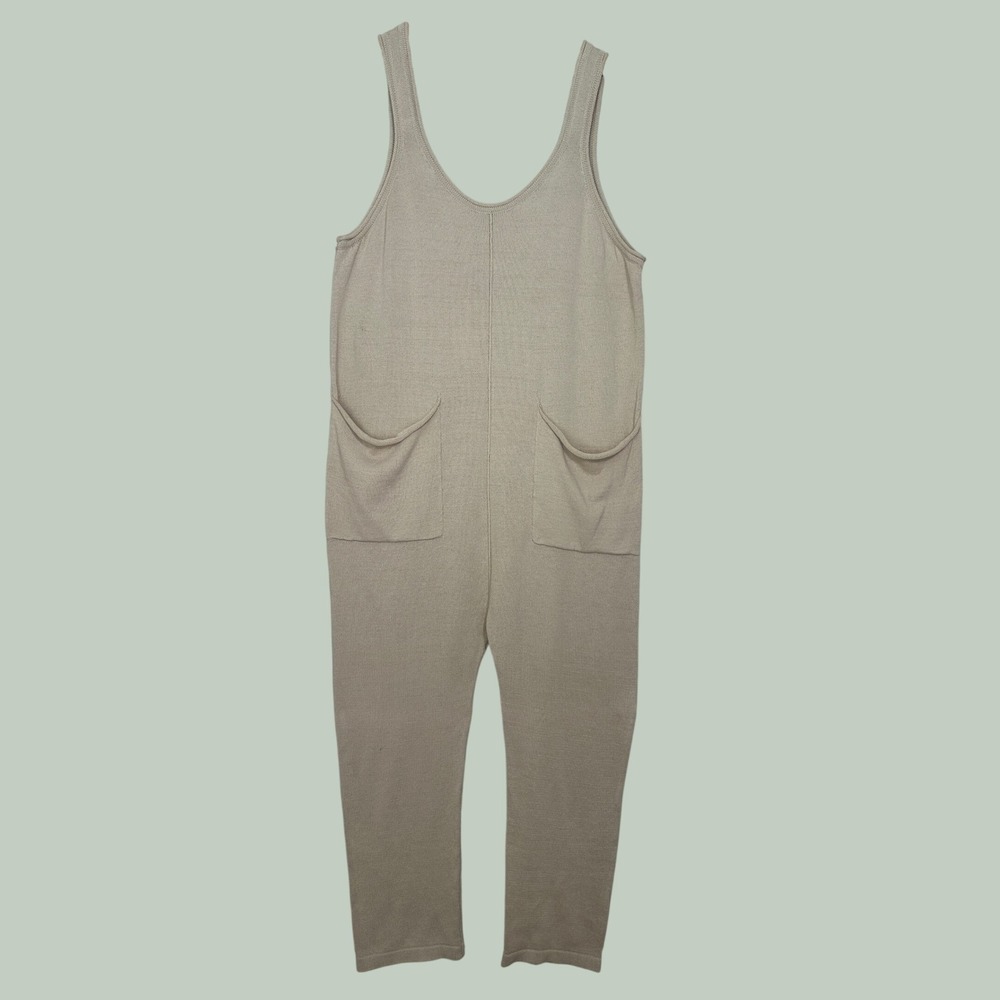 Free People Beach Jumpsuit Cotton Blend Women XL Beige Knit Overalls Boho Earthy - Picture 2 of 8